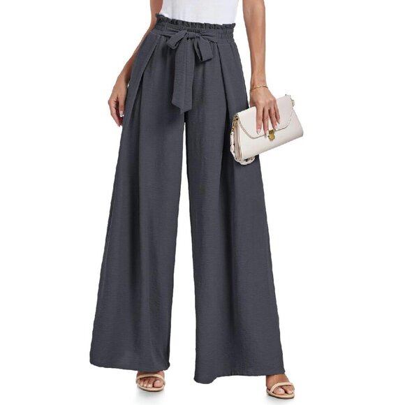 Pants - High Waisted Wide Leg Palazzo Pants with Tie Knot and Pockets